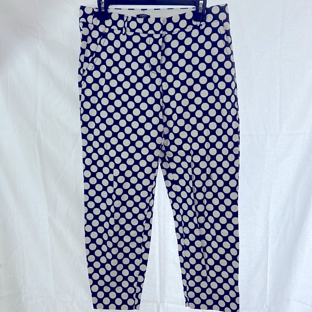 I Crew stretch pants blue circles in cream color straight.